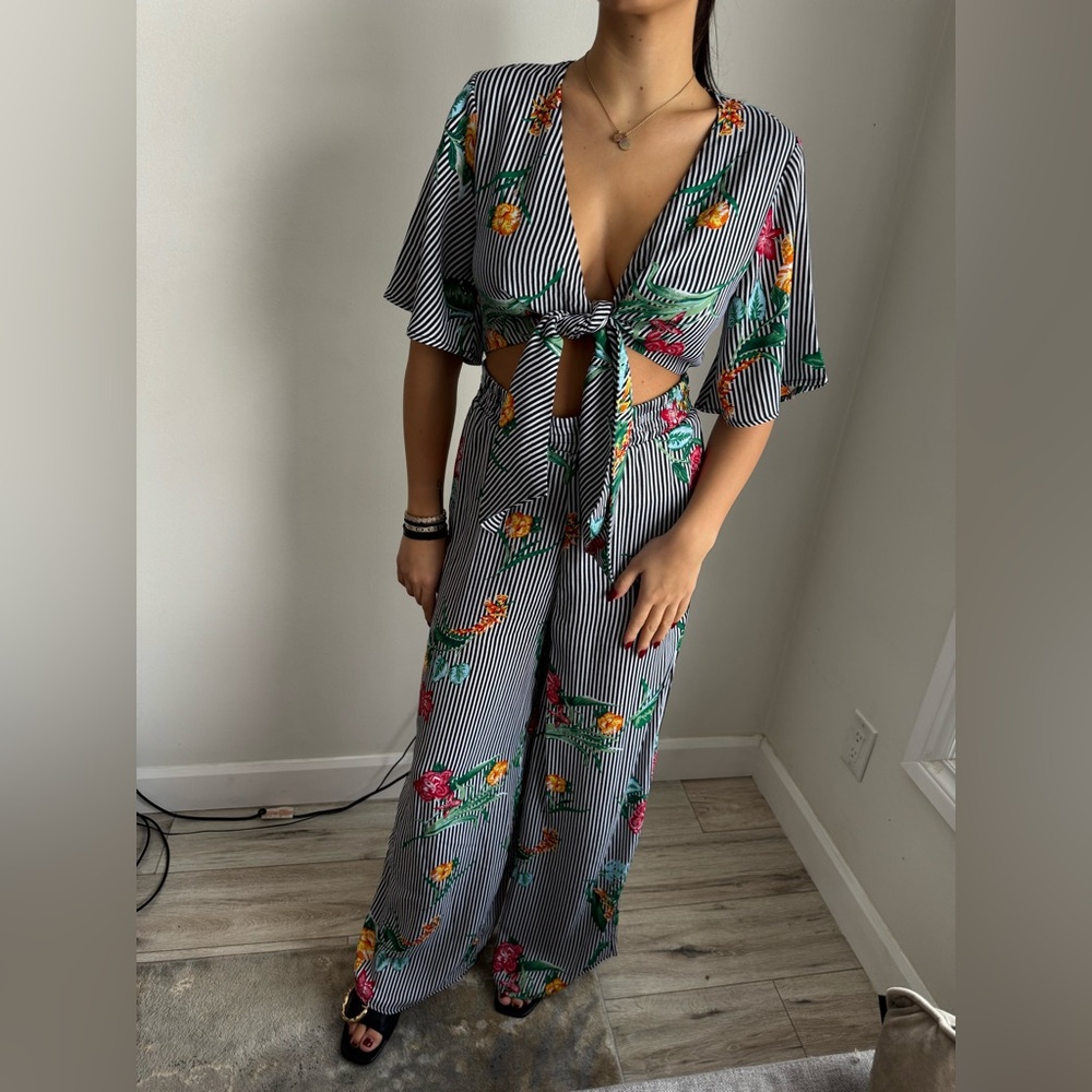 Socialite Black and White Stripe Floral Jumpsuit
